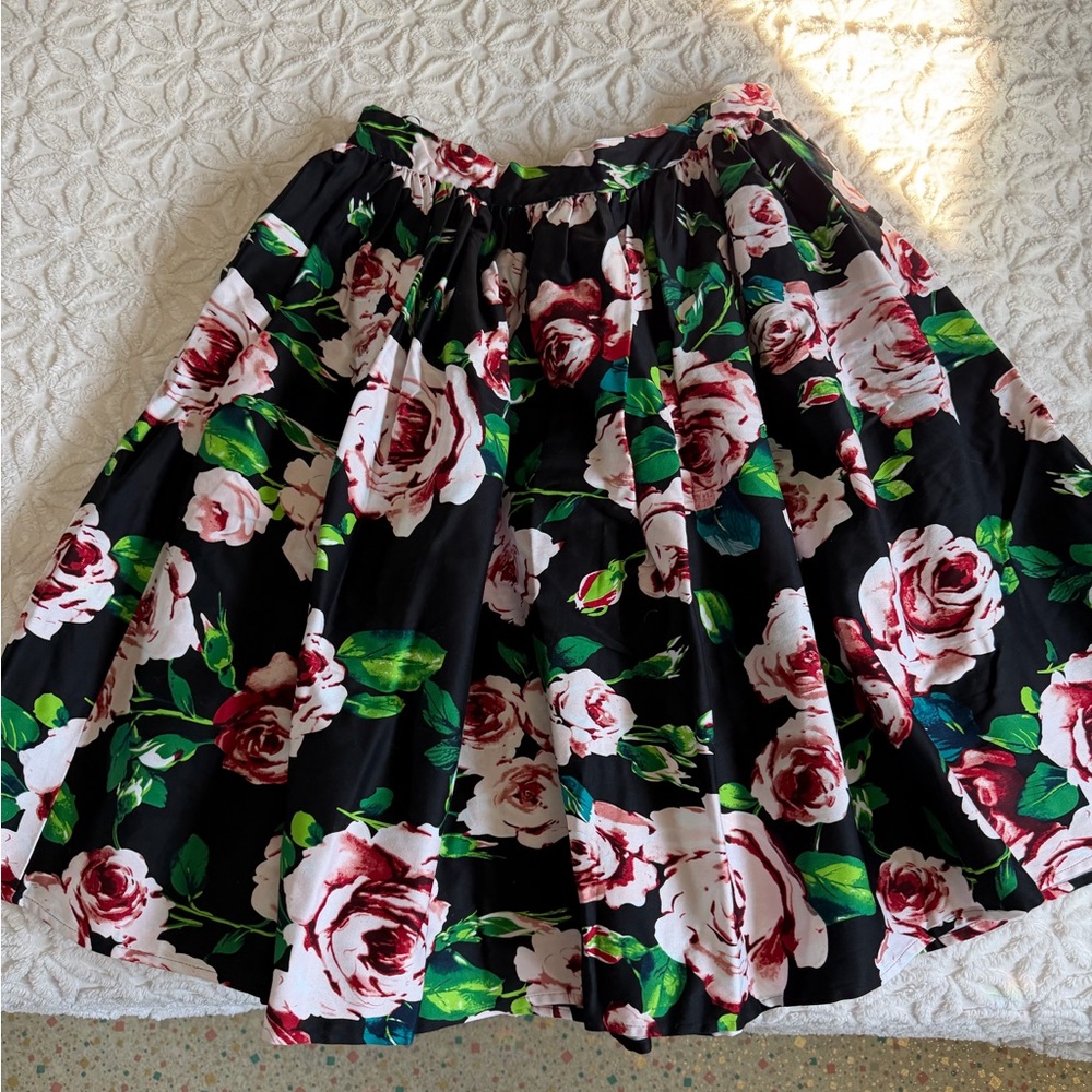 Unique Vintage Black Floral A-Line Skirt